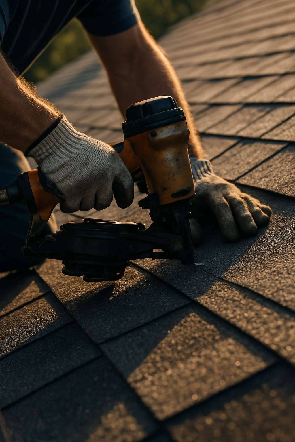 Roofer installing shingles by hand
